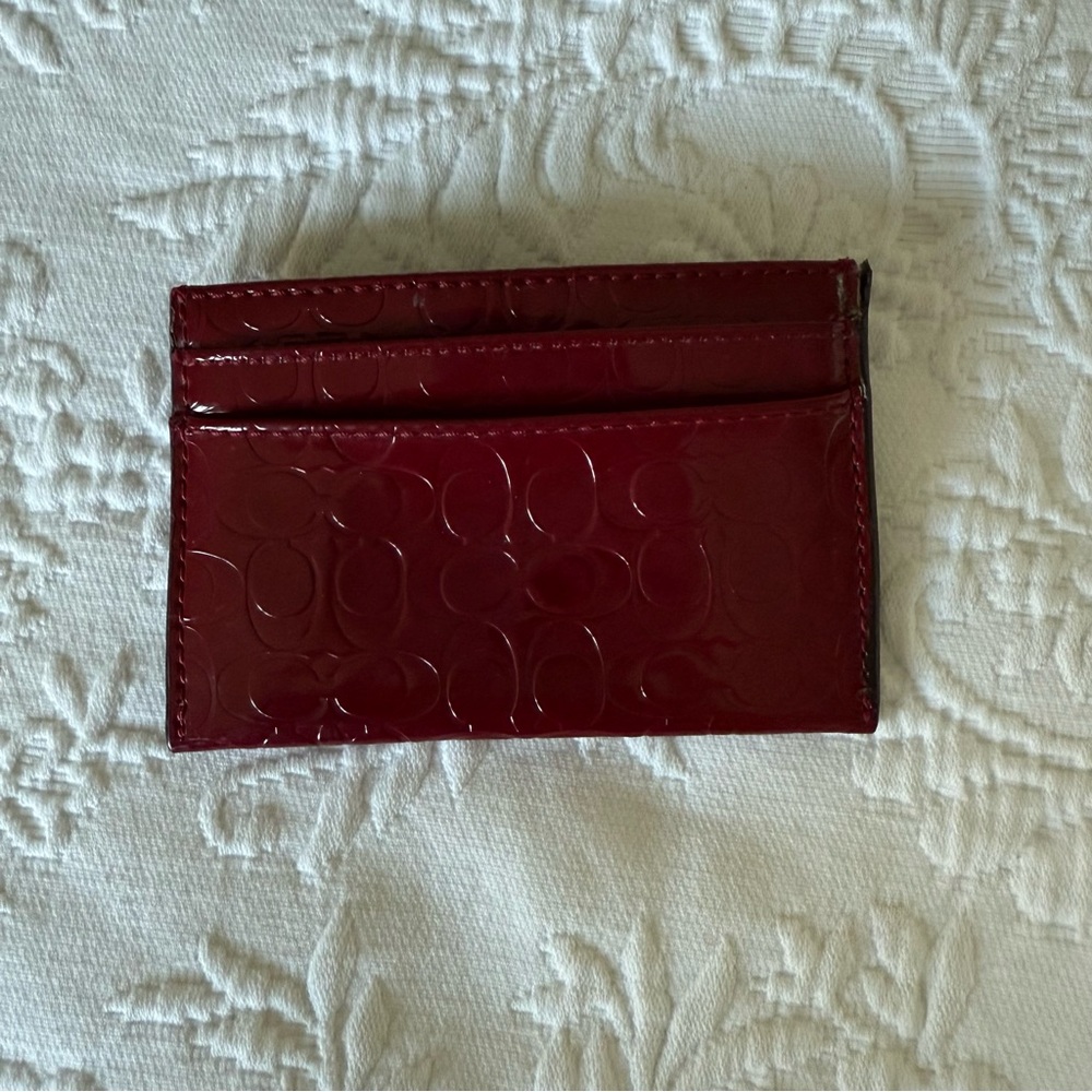 Coach Red Logo Embossed Leather Card Holder Wallet